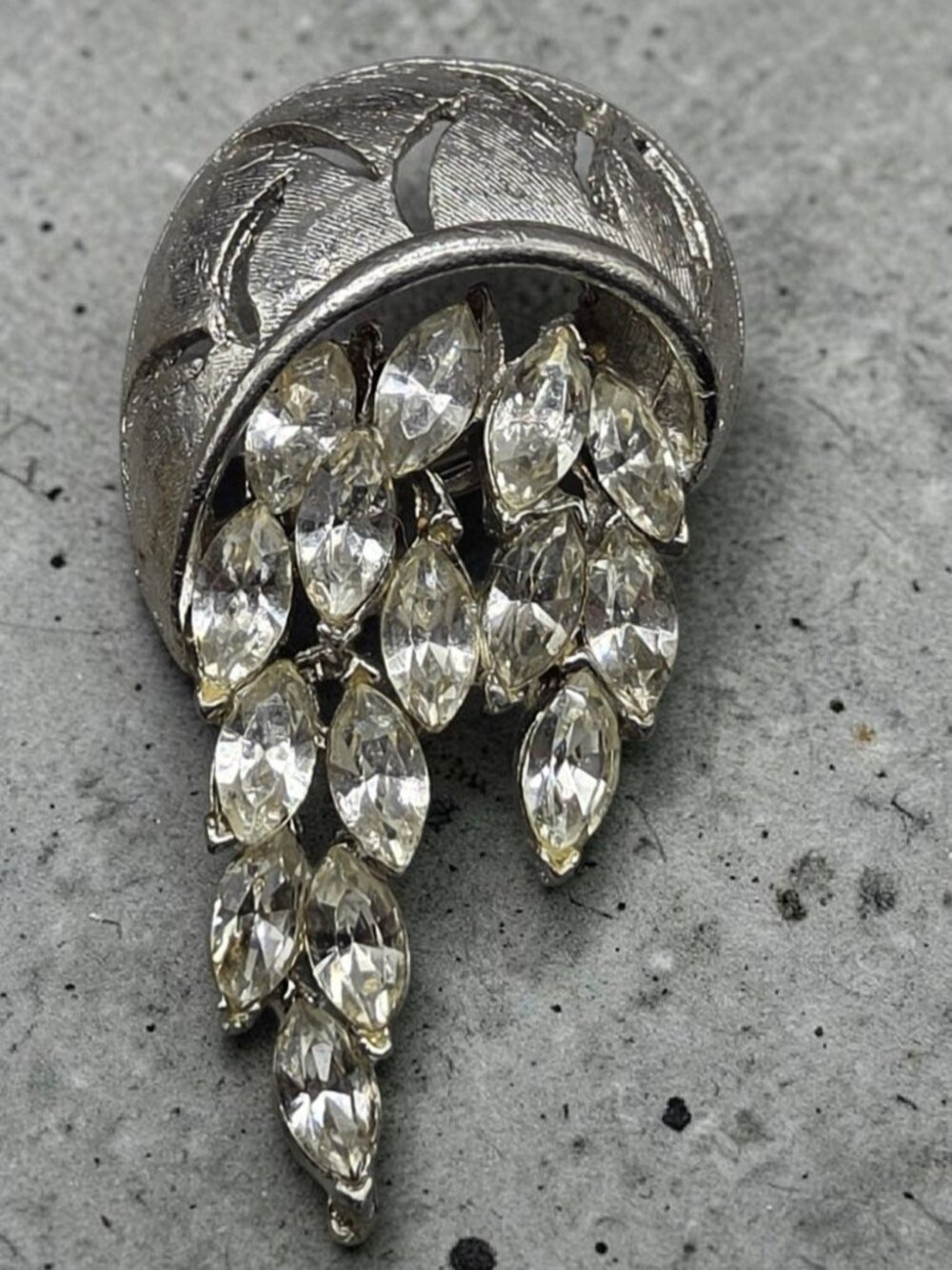 Vintage Cascading Marquise Rhinestone Brooch In Brushed Silver-Tone Metal
